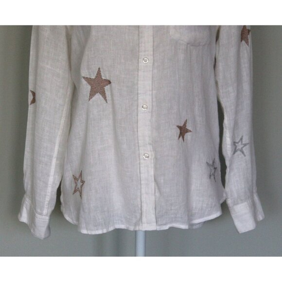 RAILS Charli White & Rose Gold Star Embroidery Linen Blend Button Shirt Top, XS - Picture 6 of 14